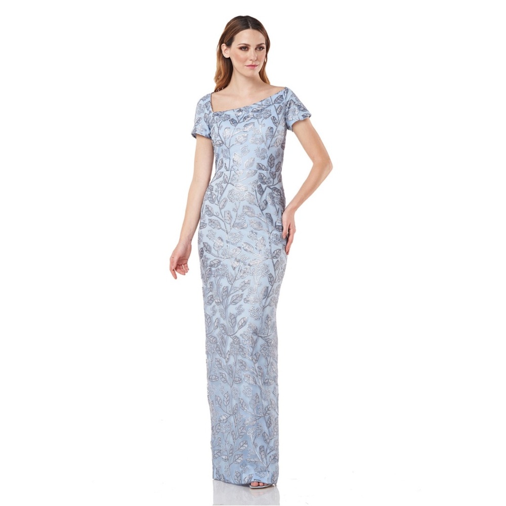 JS Collections Julia Sequin Floral Cap Sleeve Column Gown in Lt. Blue